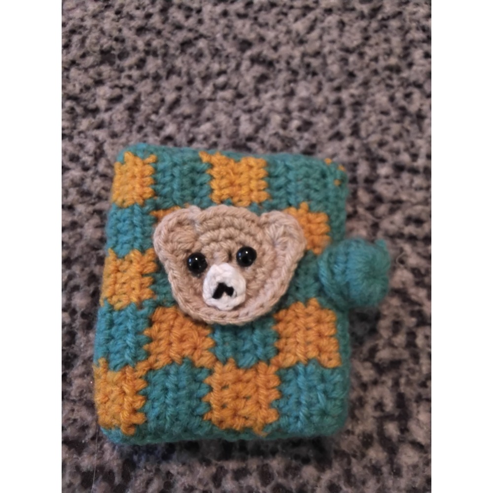 Handmade Crochet Bear Mini Wallet Checkered Teal Yellow‎ Small Coin Purse